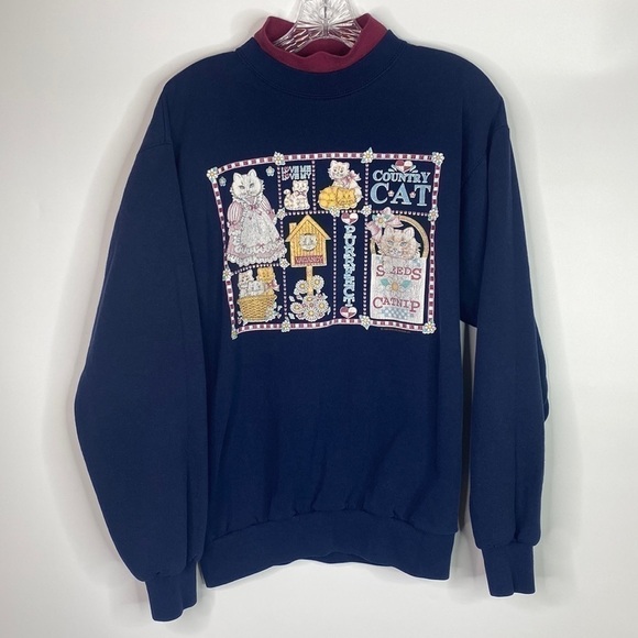 VTG J. Macinally Country Cat Catnnip Navy Blue Turtleneck Sweatshirt Size Medium - Picture 1 of 6